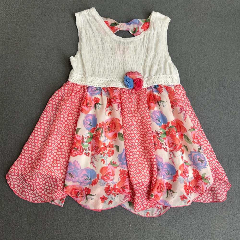 Nannette Floral Dress Girls Size 5 Pink White Smocked Lace Trim Bow Back Party